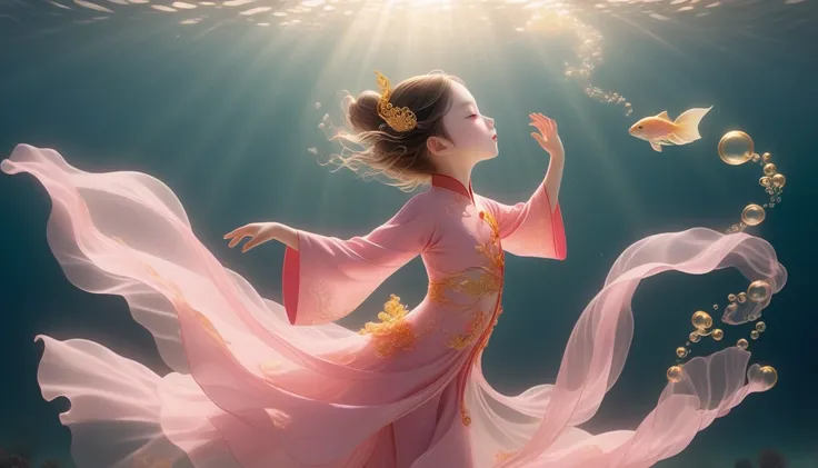 1. Little Girl, Solitary, Under the Deep Sea, walking underwater；Wearing pink Chinese clothing，Fairy the same，underwater dance；dancer；Golden water，金色的bubble； Deep Shadows, Extraordinary details, bubble, spark, Sun streaks, seabed, bright, whole body, swirl...