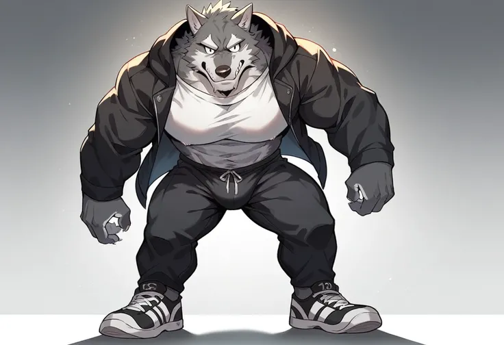 fenrir, wolf, 1boys, male, solo, gray fur, muscle, big tits, pecs, cool face, white t-shirt, black hooded jacket, black short pants, sport shoes, standing, front angle