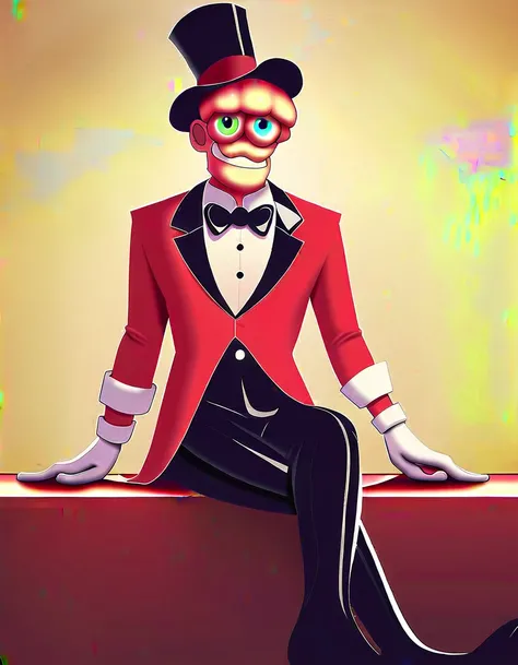 caine, solo, gloves, 1boy, hat, bow, sitting, male focus, white gloves, bowtie, top hat, teeth for head, blue eyes, green eyes, heterochromia, gloating eyes, floating head, source, red suit, black pants,