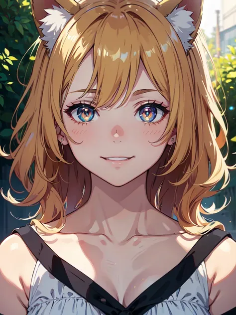 hair over shoulder, wavy hair, hair strand, shiny hair, blonde hair, eye reflection, glowing eyes, slit pupils, amber eyes, cat ears, smile, blush, glint, happy, anime, anime style, En plein air, high detail, cinematic lighting, ray tracing, reflection lig...