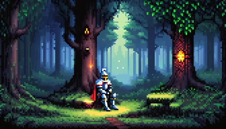 pixel art retro image of a knight sitting alone in a dark forest