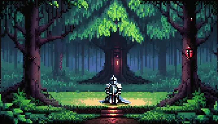 pixel art retro image of a knight sitting alone in a dark forest