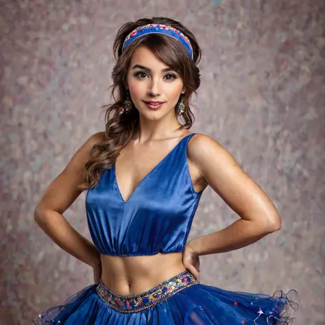 precise portrait, bearded woman with well-trimmed hairy and shaggy beard, mid-length brown hair with a headband, cute and naughty brown eyes, blue dancers dress