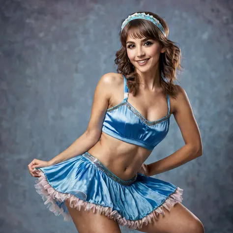 precise portrait, bearded woman with well-trimmed hairy and shaggy beard, mid-length brown hair with a headband, cute and naughty brown eyes, blue dancers dress