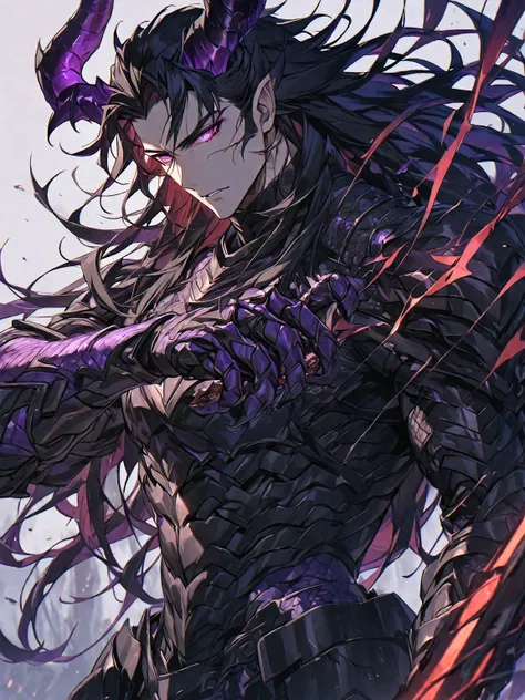 One, handsome, 1 man, with a sporty body, V-shaped body, black detailed armor with glowing purple details, black demonic horns, long hair, black hair, purple with red tones of reptile eyes, purple threads, a man has a big and long sword in his hand, Agains...