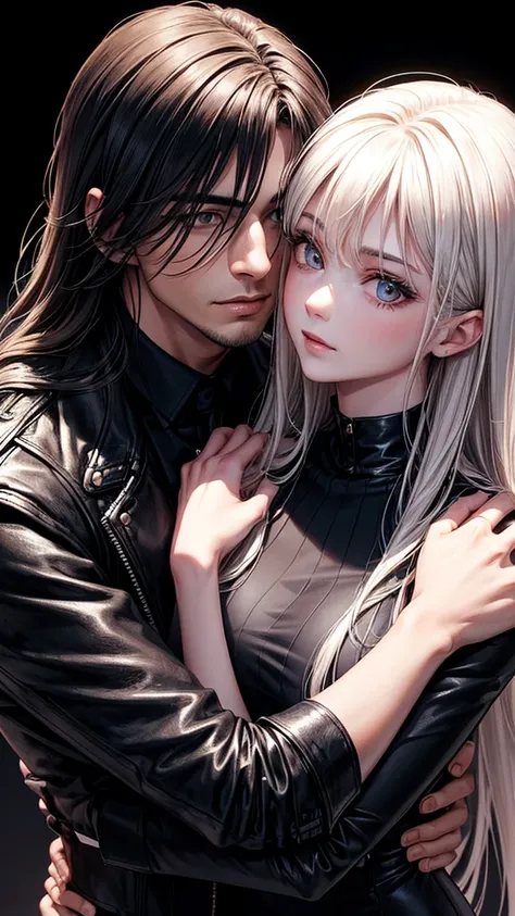 Masterpiece, Superb Clothing, (Illustration), ((2 People)), ((Handsome Young Couple Kissing and Hugging), (Russian Mill Style), Fashion, Leather Jacket, (Long Hair), (Happy), (White Skin), (Dark Circles), Handsome, Party, Toast, Trend, Dark Gray,, Close Up...