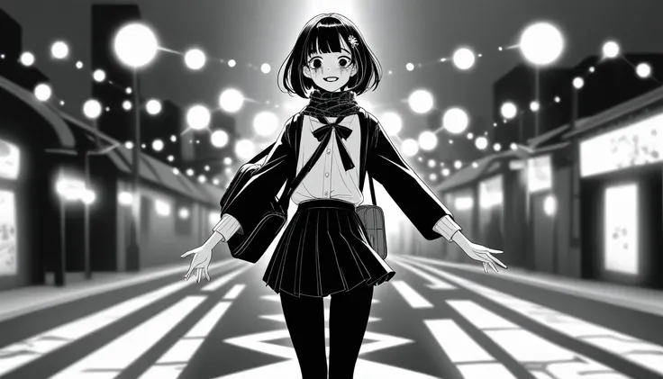 masterpiece, Highest quality, One girl, lol, grayscale, Manga Style, Japanese, chi no wadachi, Iris, street, ice, Black Hair, school bag, lol顔, Line art, Black coat, Black scarf, Black pleated skirt, leggings, Centered, 18-year-old, expensive, Fair skin, B...