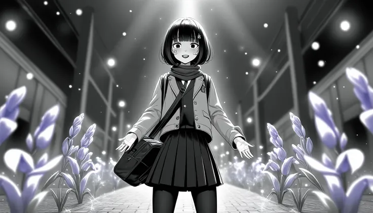 masterpiece, Highest quality, One girl, lol, grayscale, Manga Style, Japanese, chi no wadachi, Iris, street, ice, Black Hair, school bag, lol顔, Line art, Black coat, Black scarf, Black pleated skirt, leggings, Centered, 18-year-old, expensive, Fair skin, B...