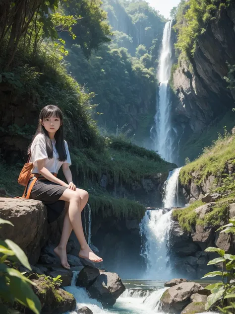 a young Chinese lady, sitting next to a waterfall looking at the horizon.