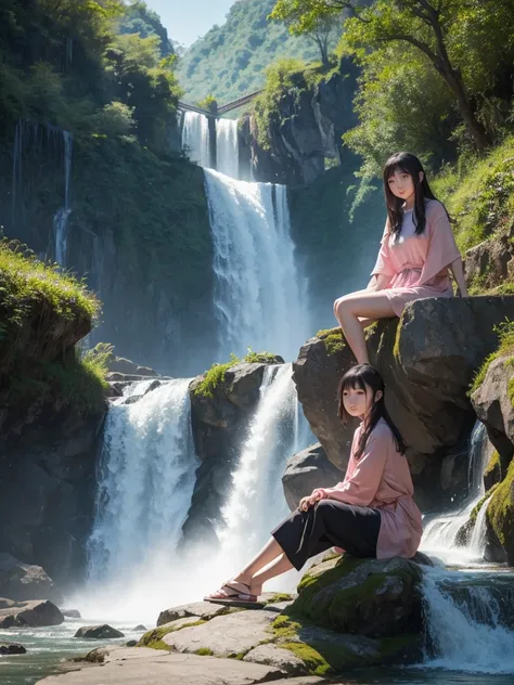 a young Chinese lady, sitting next to a waterfall looking at the horizon.