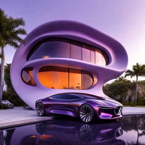 a futuristic house with a car parked in front of it, cgsocietywlop, beautiful curves, purple and orange drapes, intricate devilish designs, qualia, interesting shapes & form, wow factor, elaborate polished, architectural rendering, miami, futuristic battle...