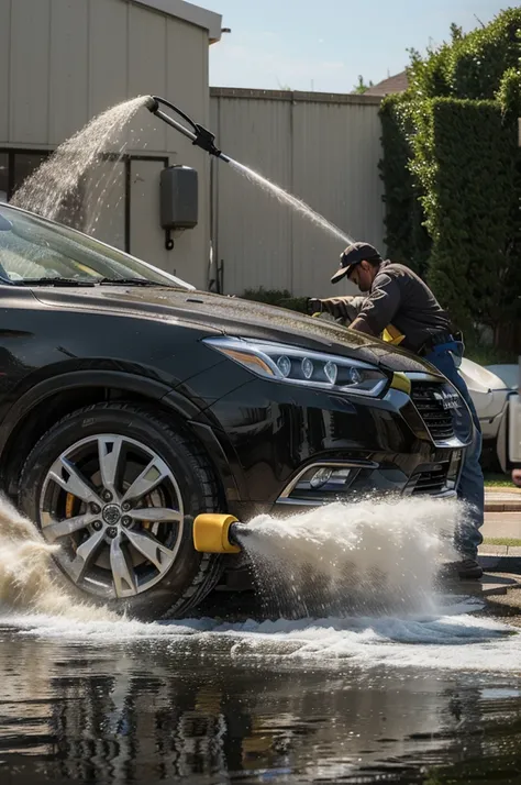 **"High-quality, masterpiece, detailed image of a man in a worker outfit, using a Karcher pressure washer to wash a car with foam, viewed from the side."**