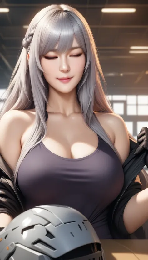 masterpiece, best quality, very aesthetic, absurdres, 1girl, mature_lady,animetoreal,realistic,photorealistic, smile,,1girl, ak-12 (girls frontline), girls frontline, long hair, grey hair, breasts, closed eyes, braid, sidelocks, closed mouth, purple eyes, ...