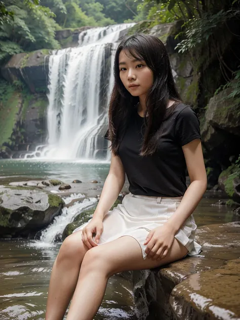 a young Chinese lady, sitting next to a waterfall looking at the horizon.