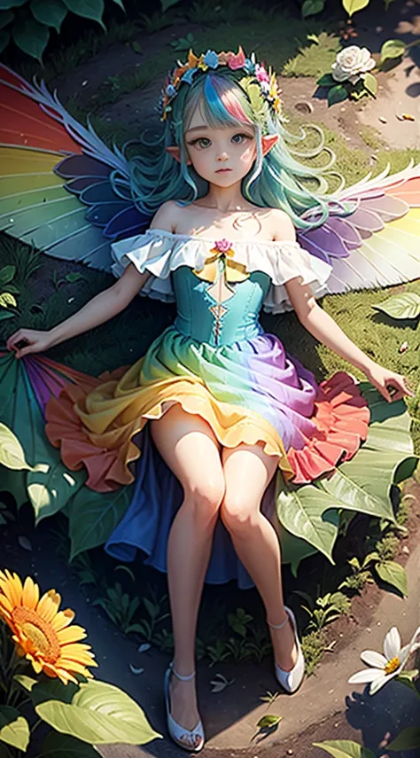 cute little fairy rainbow wings rainbow angel wings rainbow hair pointy ears flower crown dress made of leaves lots of flowers leaves sitting on a big leaf leaves big flower flower crown sunshine