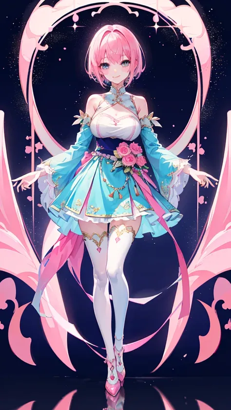 ((Highest quality))、((4K))、((Full Body Shot: 1.5))、((Pink short hair))、Big smile、Slim style、Beautiful long legs、Blue tight idol costume、((The background is blurred and I can&#39;t see anything))、(down view),Dynamic Angle,Ultra-detailed, illustration, Close...