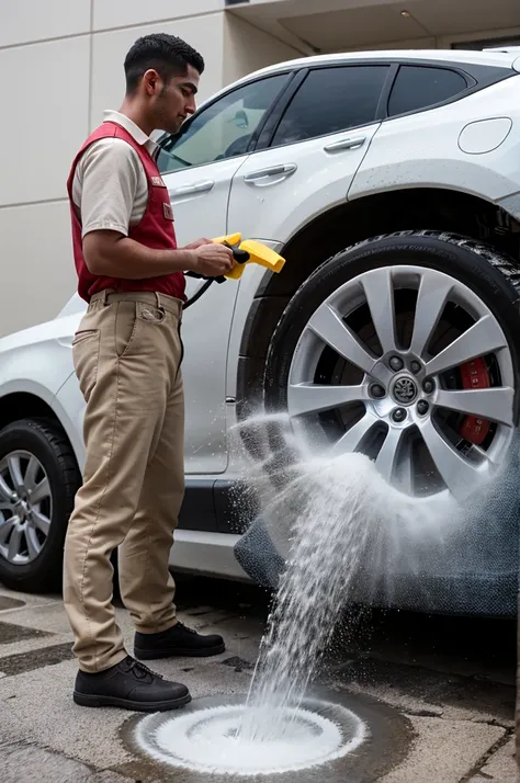 ((best quality)), ((masterpiece)), (detailed), 1man facing the camera , arab , worker outfit , washing a car with karcher, foam wash , side view, perfect , 