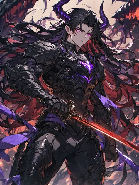 One, handsome, 1 man, with a sporty body, V-shaped body, black detailed armor with glowing purple details, black demonic horns, long hair, black hair, purple with red tones of reptile eyes, purple threads, a man has a big and long sword in his hand, Agains...