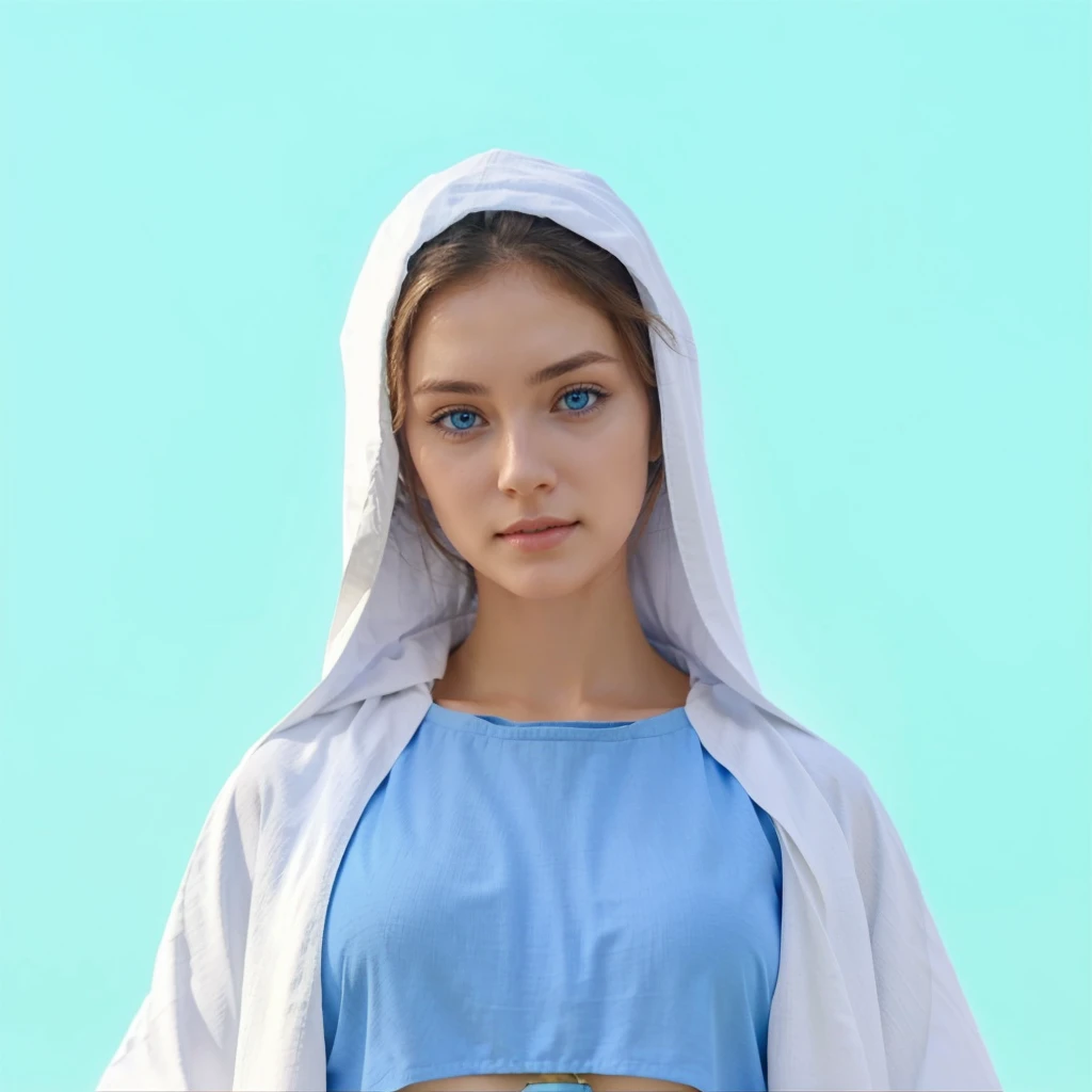 Beautiful woman with light blue eyes wearing blue tunic and white cloak