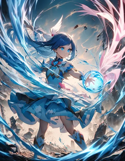 Portraiture, Long Hair, Navy Blue Hair, Detailed eyes in blue color,  One Girl, head, face, Magical girl, Absurd, masterpiece, Highest quality, Magical girl costume, ((Magical girl)), short hair, Devastation, Remaining, Dynamic pose, Apocalypse, Casting a ...