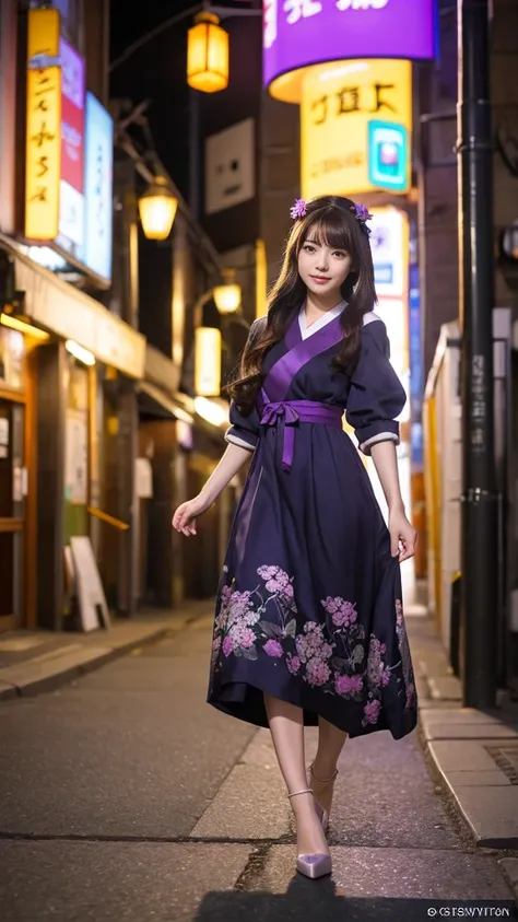 Full body, very very long hair brown rapunzel, cosplay Anime girl in a purple and black dress with a purple sakura flower in her hair, artwork in the style of Gweitz, Gweitz, japanese Girl, Trending on cgstation, Cute anime  in a nice dress, Gweitz on pixi...