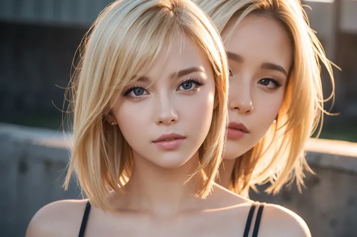 Close-up portrait, Sexy SS Blonde, parted lips, lips, Casual Dresses, View your viewers, Concrete wall background, Sunset Light, Realistic,short hair