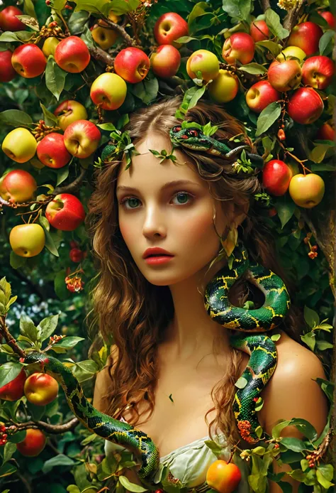 A stunning cinematic illustration of the Garden of Eden, capturing the essence of paradise with its lush vegetation and abundance of fruit-laden trees. The Tree of Knowledge of Good and Evil stands out in the center, with its vibrant red apples contrasting...