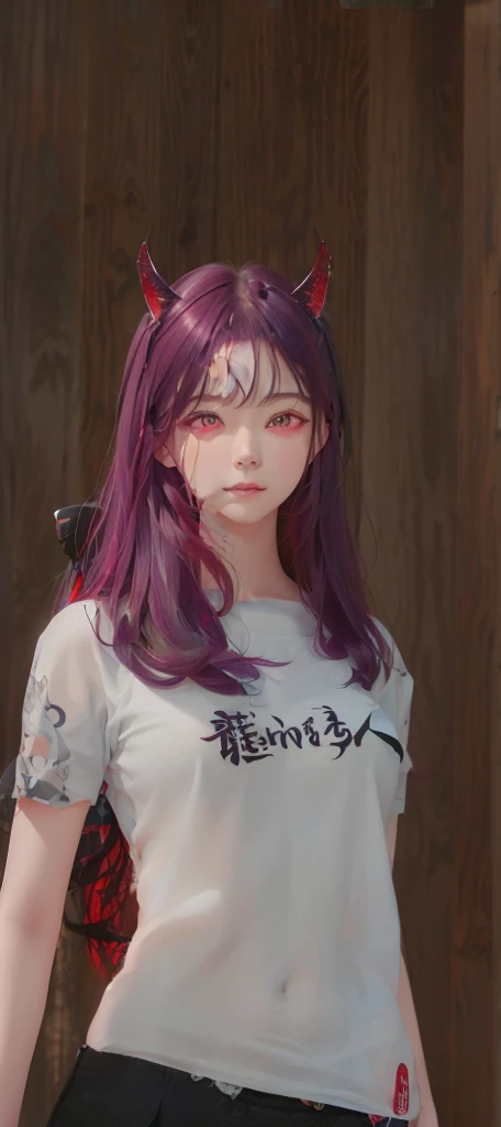 A young woman, 18 years old, with horns and a purple hair, (red eyes:1.5) , dark piercing eyes, devious evil expression, character close up, piercing gaze, ( ( deep black eyes ) ), cat - like scarlet eyes, cruel korean goth girl, with long hair and piercin...