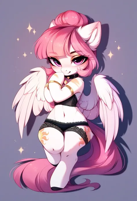 check_9, check_8_up, check_7_up, source_fluffy, rating_safe, from Magnaluna, Celestia poses seductively in a white bedroom, dark pink mane with gold stripes in it, hair bun with bangs, pink eyes, white body, thick thighs, anthro, blushing, wearing lingerie...