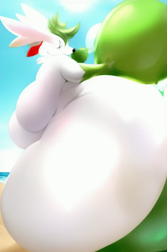 explicit content, realistic, full body, female, solo, sky forme shaymin, beach setting, black bikini, standing, closeup, big breasts, wide waist, wide hips, massive thighs, big ass, slightly fat body, looner, blowing yellow balloon, blowing large balloon, ...