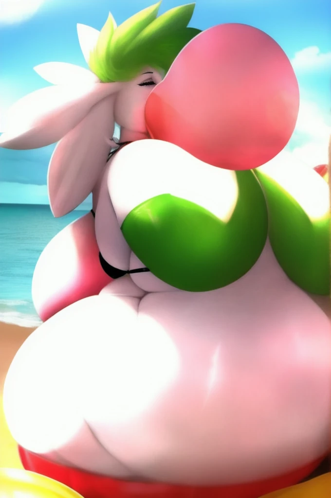 explicit content, realistic, full body, female, solo, Shaymin:1.1, beach setting, black bikini, standing, closeup, big breasts, wide waist, wide hips, massive thighs, big ass, slightly fat body, looner, blowing yellow balloon, blowing large balloon, sittin...