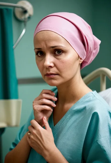 Make a  with sad look in a hospital, she has cancer 