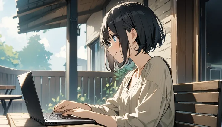 1girl, solo, blue eyes, (detailed eyes), flat chest, short hair, black hair, upper body, gentle smile on her face, , sitting up straight((masterpiece, illustration, best quality)) Fashionable open café、Woman using laptop on terrace seat、stitting, 20yr old、...