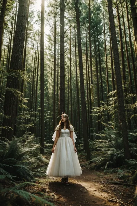 A girl in a forest clearing with several unicorns