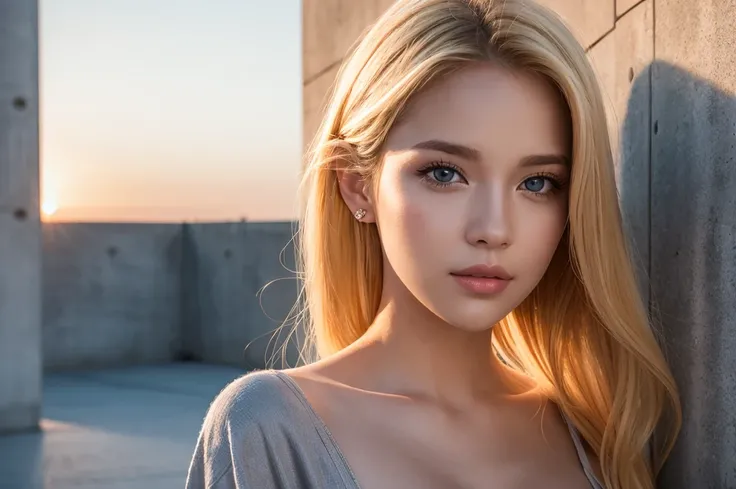 Close-up portrait, Sexy SS Blonde, parted lips, lips, Casual Dresses, View your viewers, Concrete wall background, Sunset Light, Realistic