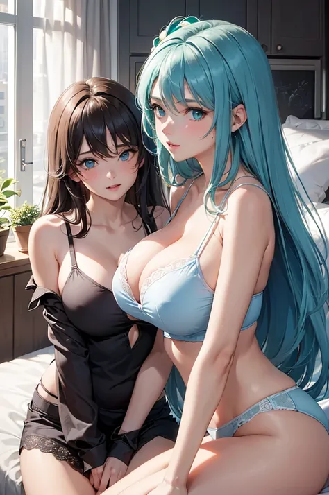 Masterpiece, Top Quality, (2 Girls:1.3), Big Tits, Light Blue Eyes, Light Blue Hair, Messy Hair, BRAKE, Green Hair, Green Eyes, Messy Hair, giggling, Gray Underwear, Top Half, Leaning Forward, (Cleavage:1.2), Cute, Looking Up, Sweet, Blushing, Top Half, Up...