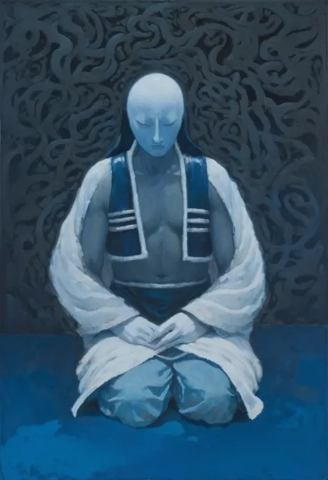 painting of a man sitting in a meditation position on a blue surface, adim kashin, inspired by Enki Bilal, hooded figure, inspired by Gyoshū Hayami, painting of white human figures, detailed painting of dune movie, with no face, ditigal painting, hooded fi...