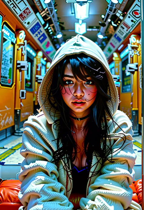 High resolution, masterpiece, Perfect lighting, bloom, night, Cinema Lighting, Adult, Perfect Skin, woman, (looking at the camera:1.4), Realistic skin, eyeliner, Realistic, (photoRealistic), Supermodel, summer ray, Oversized hoodie, Big Ass, Long Hair, sho...