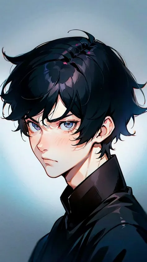 ((1_male)), boy, angry, front face, portrait, centered, solo, short hair, black hair, black skin, visible shoulders, clean line