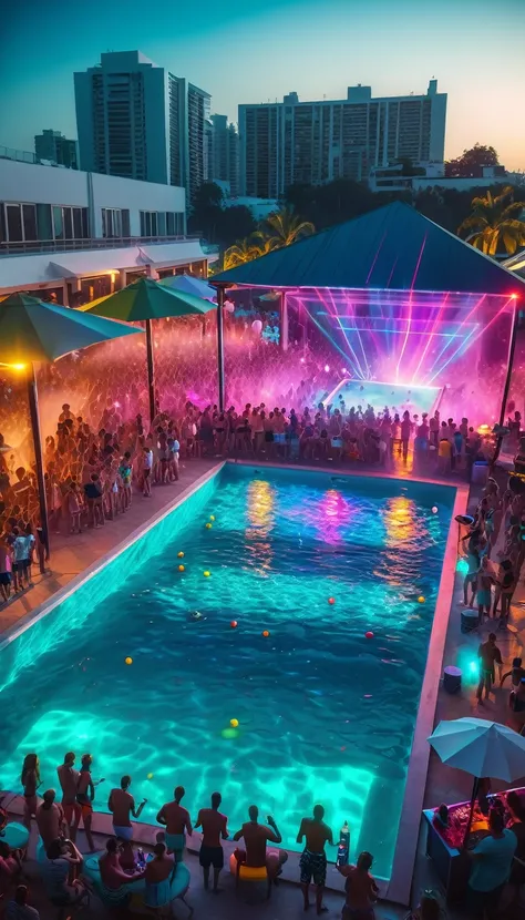 Realistic, ultra-detailed, Pool party, techno music, colorfull laser shows, drinks, many people in big pool, ultra detailed photography, 8k, hdr, film grain