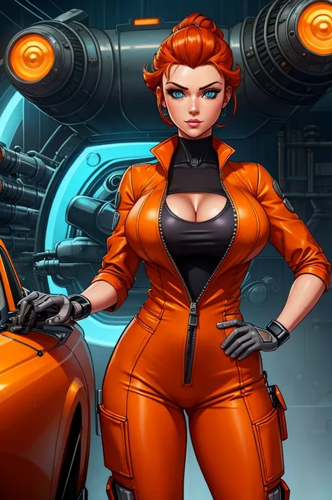 A gorgeous female mechanic in an atompunk style, with a blank background, wearing an unzipped orange jumpsuit revealing cleavage, featuring a mechanical hand and cybernetic augments, in a retro-futuristic setting with gunmetal grey tones, ginger hair, clea...