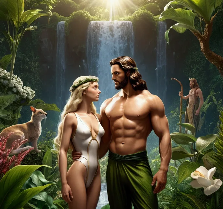 A male Bible character and a female Bible character representing Adam and Eve created in the image of God, detalhes realista, maximum detail. around garden with lots of plants, waterfall flowers and animals. 