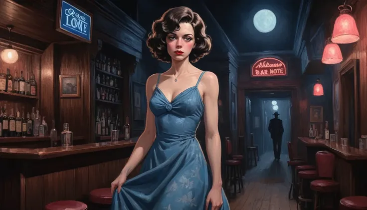 robert johnson, gritty, alabama bar, blue note, charismatic , rose colored dress, illustration, noir fantasy, lone canadian lady, sad ending, saxophonist