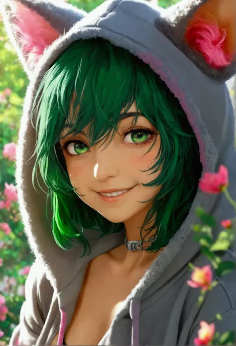 (Tafah), (Best quality), (Full body), featuring.ageprogression, Green hair, Pink eyes, (adolescence, Flat chest), (adult, Medium breast), (Mature female, Big breasts), (Grey Hoodie:1.2), He smiles
