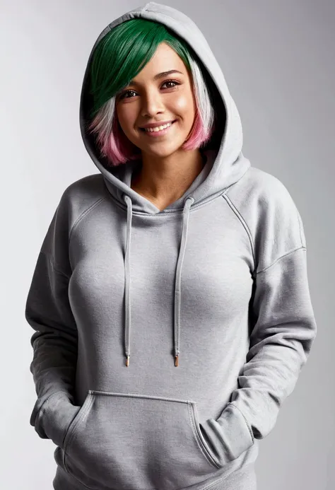 (Tafah), (Best quality), (Full body), featuring.ageprogression, Green hair, Pink eyes, (adolescence, Flat chest), (adult, Medium breast), (Mature female, Big breasts), (Grey Hoodie:1.2), He smiles
