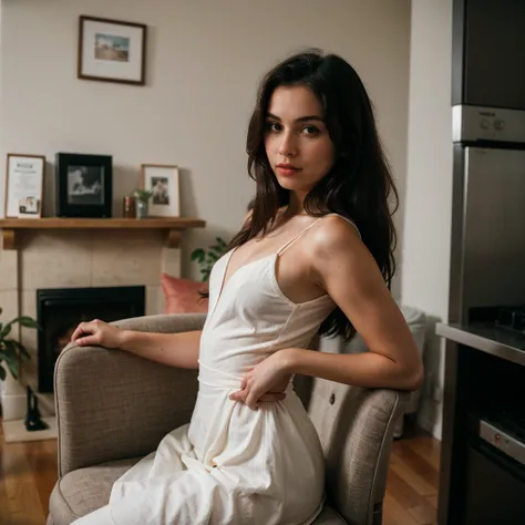 analog photo of a young woman with long dark hair, posing in her living room, wearing a ballerina dress, faded film, desaturated, 35mm photo, grainy, vintage, Kodachrome, Lomography, stained, highly detailed