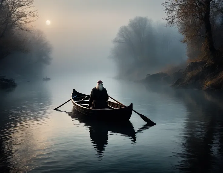 (((super realistic, lots of details, masterpiece))), In the image, created in a neural network, (((Charon, old withered boatman with a long beard, standing in his boat, which seems ancient and worn. His eyes express wisdom and sadness, and your hands confi...