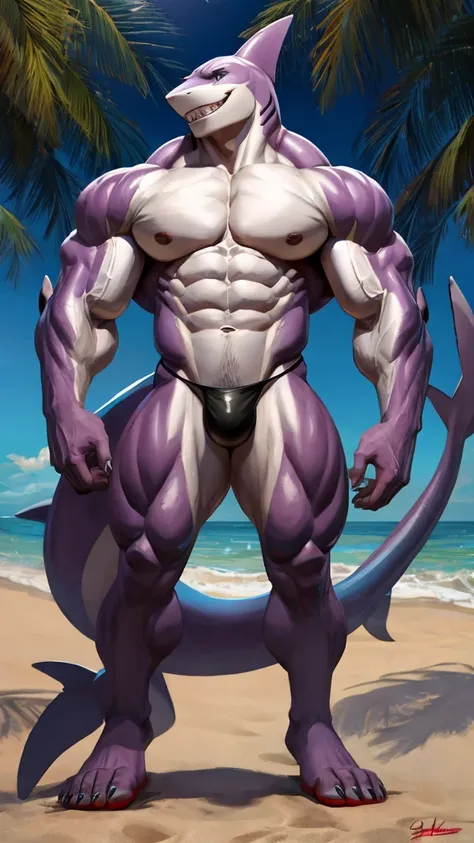 Muscular anthropomorphic male shark wearing a thong on the beach posing showing off his muscles lowering her thong a little 