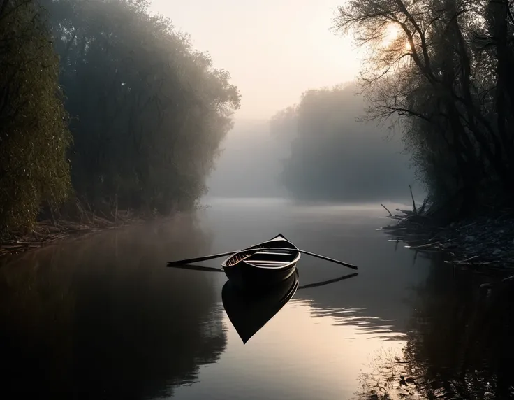 (((super realistic, lots of details, masterpiece))), In the image, created in a neural network, (((Charon, old withered boatman with a long beard, standing in his boat, which seems ancient and worn. His eyes express wisdom and sadness, and your hands confi...