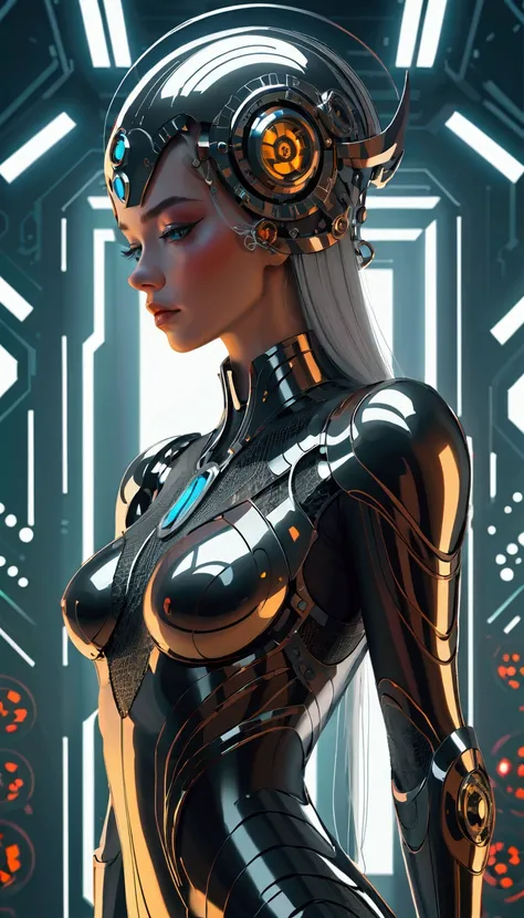 Woman in futuristic suit standing in room full of metal objects，Mesh headdress, Mechanical Elf, Luxury, Shoulders visible